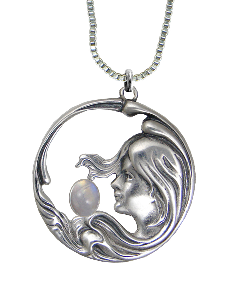 Sterling Silver Woman Maiden of the Wind Pendant With Rainbow Moonstone